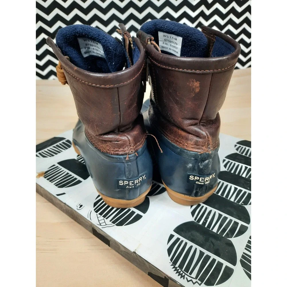 Sperry Saltwater Duck Boots Womens 7.5 Brown Navy Blue‎ Leather